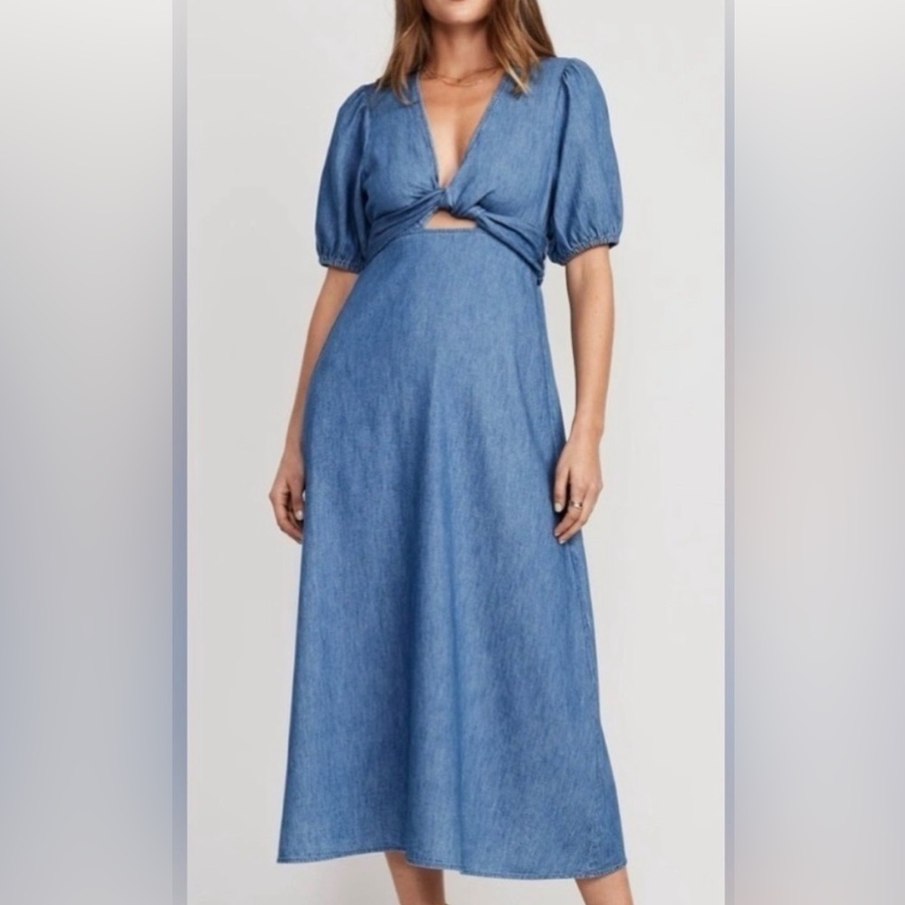 Old Navy Cottagecore Chambray Denim Midi Dress Twist Front Puff Sleeve Size L
